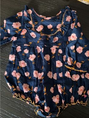 Pink Chicken Navy Floral Baby Romper with Pink Blossoms